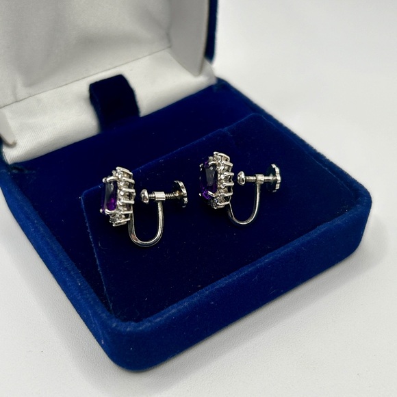 Vintage 925 Sterling Amethyst Gemstone and Cubic Zirconia Oval Screw On Earrings - Picture 6 of 7